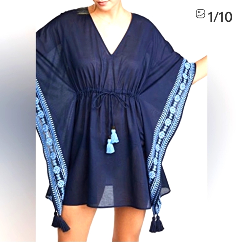TORY BURCH Ravena Navy Blue Kaftan with Embroidered Sleeves. NWT